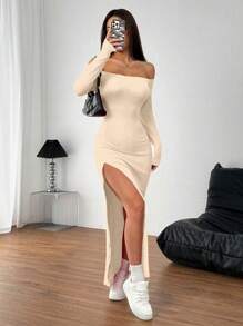 Gloray Đầm Maxi hở vai xẻ cao màu đỏ gợi cảm - Màu be - Xem 5