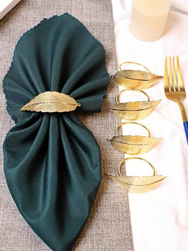 Anillos para servilletas de acero inoxidable con diseño de hoja dorada, vajilla elegante para decoración de cocina, comedor y fiestas de boda