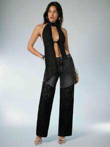 Denimoi 春夏纯色露背镂空性感高领网眼吊带上衣，露背上衣，女士度假装，女士夏季装，时尚，夜店装，性感上衣