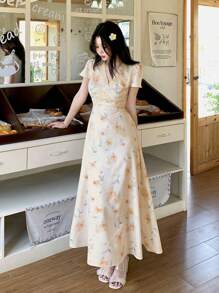 DAZY Floral Print V-Neck Fitted Short Sleeve Dress For Women