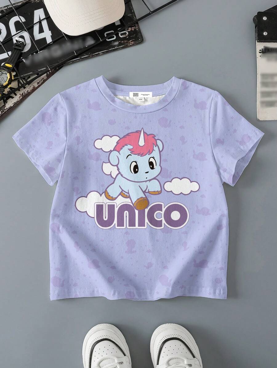 Unico X SHEIN Young Boy Summer Casual Unicorn Print Round Neck Short Sleeve T-Shirt