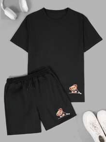 RueChic Set de t-shirt à manches courtes et short avec taille à cordon et poche, imprimé d'ours, coupe regular pour hommes