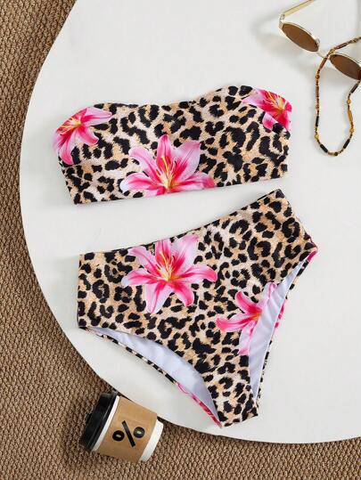 Swim Vcay Leopard Print Spaghetti Strap Crop Top & High Waisted Shorts Bikini Set, Sexy Beach Vacation For Summer