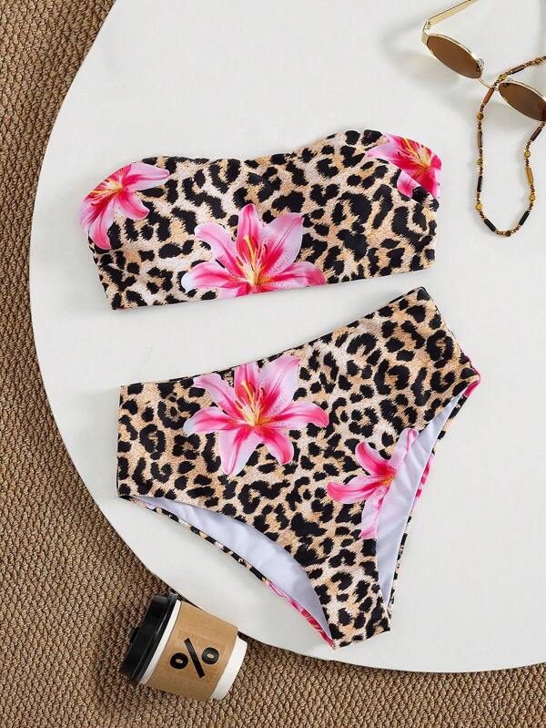 Swim Vcay Leopard Print Spaghetti Strap Crop Top & High Waisted Shorts Bikini Set, Sexy Beach Vacation For Summer