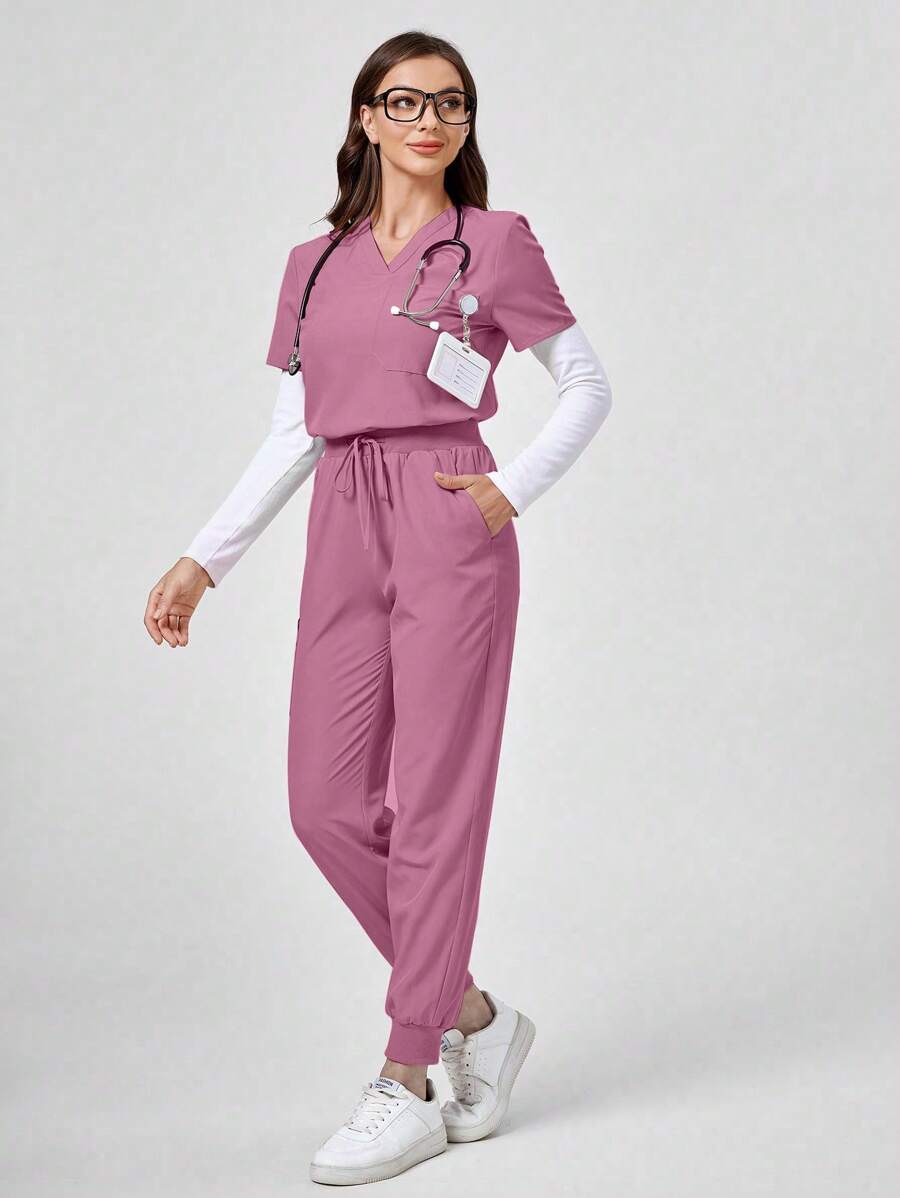 TaskEZ Scrub Uniform Set: Short Sleeve V-Neck Top And Long Pants