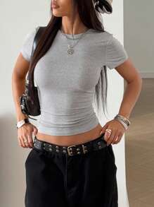 StreetHx Women's Solid Color Lace Panel Cutout Back Short Sleeve T-Shirt, Spring/Summer