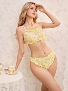 Pastoral Style Ditsy Floral Ruffled Hem Sexy Women Lingerie Set - Yellow - View 1