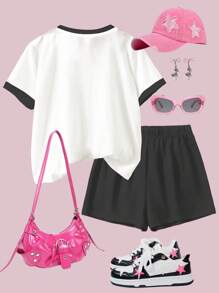 SHEIN Leap Crew Bộ quần short tay ngắn tối giản thường ngày cho bé gái tuổi teen 2 món, mùa hè - Nhiều màu - Xem 2