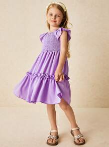 SHEIN Young Girls & Elegant Purple Ruffle Sleeve Shirred Dress - Purple - View 5