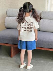 2 pièces/set T-shirt ample et imprimé de lettres avec shorts en jean de style coréen. Tenue d'été mode et décontractée pour les filles - Nude - Voir 6
