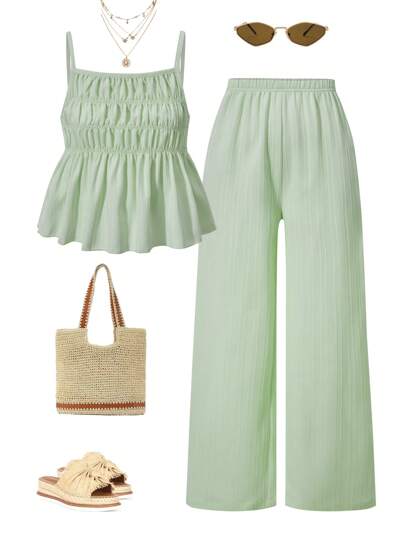 SHEIN Sparklyn Tween 女童休闲甜美泡泡纹理褶皱无袖短款上衣和宽松阔腿裤两件套，适合日常通勤、度假、姐妹街拍、春夏