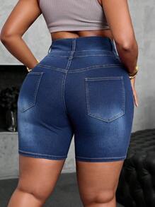 大码女式夏季水洗做旧纽扣弹力牛仔短裤 - 中等水洗藍 - 查看 4