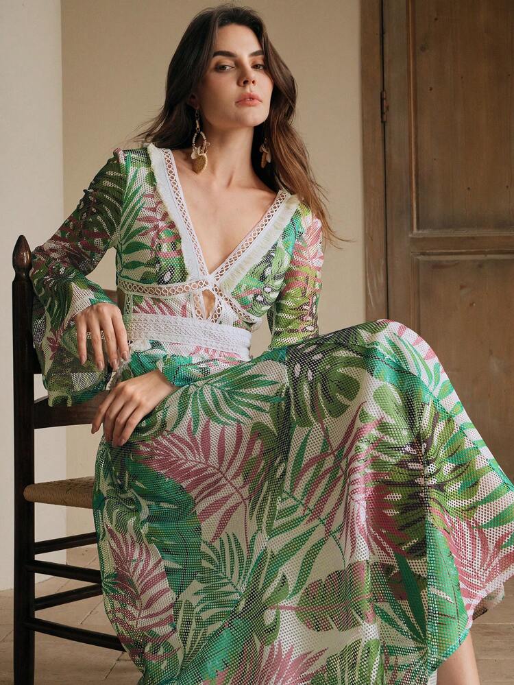 Hollow V-Neck Tropical Plant Printed Flare Sleeve Asymmetrical Dress, French Style, Suitable For Spring, Festival, Elegant, Holiday, Vacation