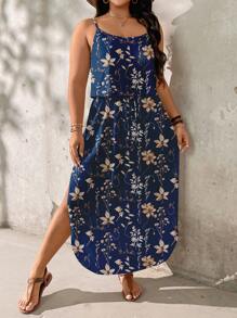 SHEIN LUNE Plus Size Women Textured Leaf Print Vacation Dress, Suitable For Summer,Sun Dresses For Women Chic Dress - Blue - View 1