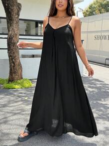 SHEIN EZwear Plus Size Sleeveless V-Neck Solid Color Dress, Summer Casual - Black - View 3