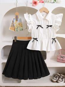 SHEIN Tween Girls' Cute Summer School Back-To-School Black And White 2 Pieces Set,Woven Cap Sleeve Bow Ruffle Trim White Blouse And Black Pleated Skirt - Black and White - View 3