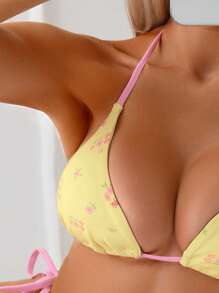 Swim Mod 女士甜美碎花挂脖系带比基尼套装 - 黃色 - 查看 5