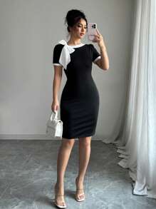 Elenzga Vestido elegante ajustado con hombros descubiertos y mangas cortas anudadas para mujer - Negro - Ver 7