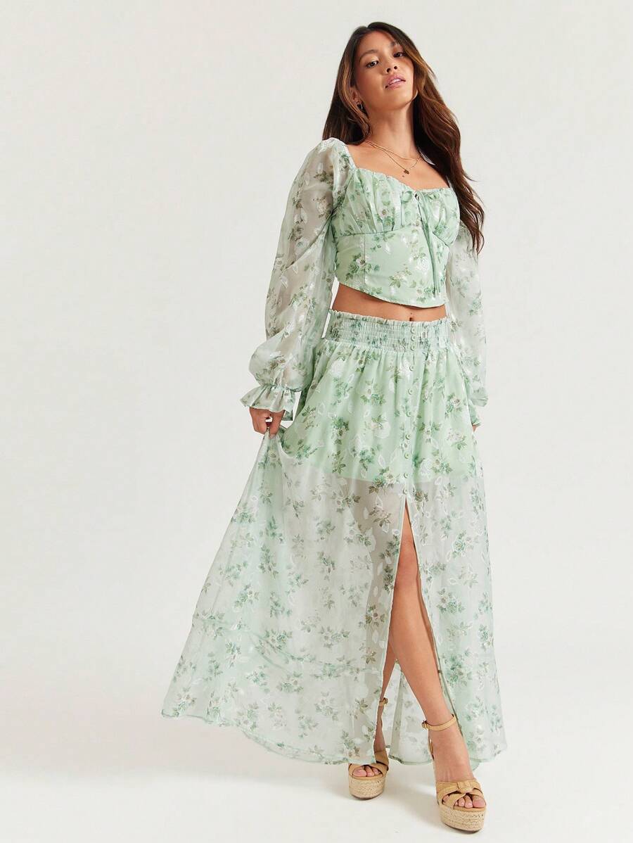 WESTFADE Rok Maxi Bertingkat Chiffon Bermotif Musim Semi dengan Belahan - Hijau - View 1