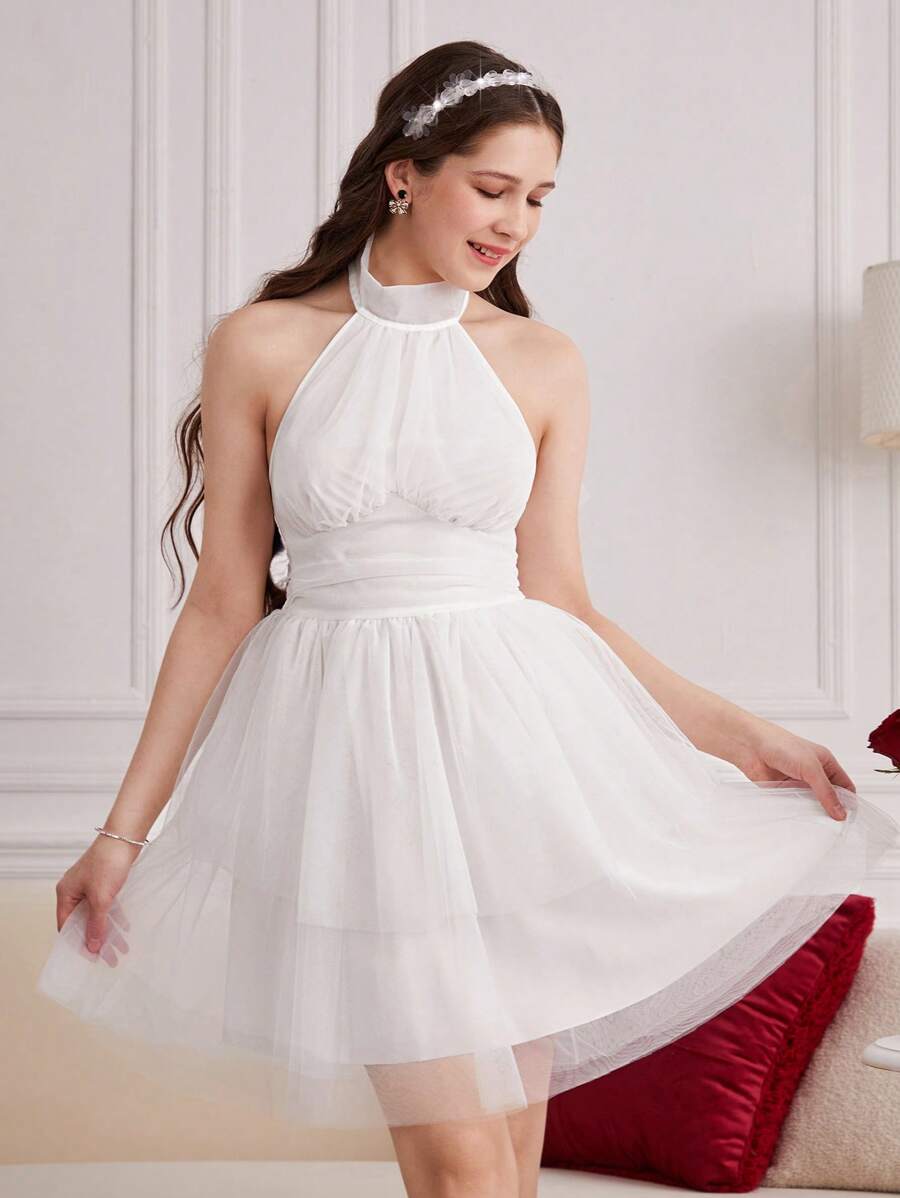 Elegant White Halter Neck Mesh Overlay Dress For Teens