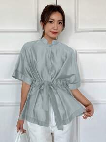 Dazy-Less 女士夏季优雅休闲收腰雪纺短袖衬衫，商务休闲女装，教师学院风上衣 - 霧霾藍 - 查看 6