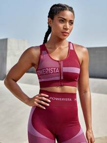 Powerista Women's Summer Contrast Letter Print Front Zipper Sports Bra