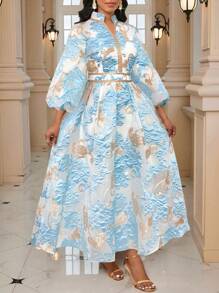 SHEIN Lady Váy dài tay đèn lồng họa tiết hoa jacquard dành cho nữ, trang trọng, thanh lịch, dự tiệc cưới, tiệc Four Seasons Old Money Festival - Màu xanh nhạt - Xem 4