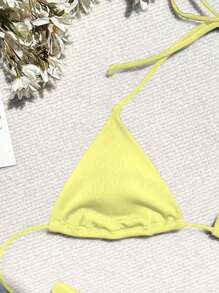 Swim Vcay Summer Beach Halter Triangle High Cut Bikini Set - Yellow - View 6