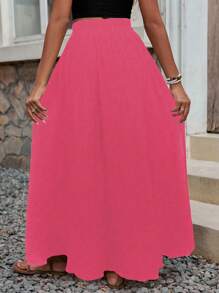 Breezaya 女士纯色开衩休闲度假裙，女士波西米亚风开衩大腿长裙，宽松高腰裙，春秋季，休闲日常穿着度假海滩 - 玫紅色 - 查看 2