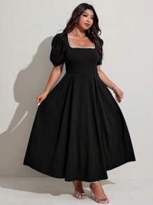 Viva Relle Plus Size Summer Elegant Faux Pearl Beaded Puff Sleeve Dress - Black - View 4