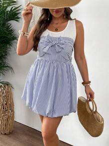 SHEIN VCAY 大码女式夏季白色针织吊带背心搭配蓝白条纹连衣裙、泡泡裙、蝴蝶结前襟波西米亚风连衣裙、休闲海岛度假连衣裙、母亲节连衣裙 椰子女孩女士夏季服装 乡村音乐会服装 女士沙滩服装 毕业服装 海滩度假服装 女士早午餐服装 女士西部服装 女牛仔服装 女士机场服装 城市休闲服装 假日服装 老钱欧洲夏季服装 泡泡裙 - 藍白色 - 查看 5