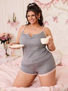 Plus Size Color Block Lace Cami Top And Shorts Pajama Set, Fashionable For Summer - Grey - View 5