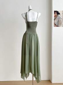 SHEIN Unity Plus Size Fashion Spaghetti Strap Dress For Women, Chic Waist Patchwork French Chiffon Summer Long Dress - Army Green - View 2