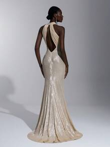 Elitara Elegant, Romantic, Sexy, Minimalist, Light Gold, Layered Fabric, Stretchy, Off-The-Shoulder, Backless, Tight-Fitting, Low-Cut, Fishtail Hem, Train, Fashion, Influencer, Festival, Holiday, Birthday Party, Wedding Event, Prom Dress, Bridesmaid Dresses, Formal Dinner Dress - Apricot - View 2