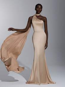 Elitara Champagne Spring Elegant Dinner Evening Satin Mermaid Skirt Dress, Backless Lace-Up Slim-Fitting Khaki Bridesmaid Wedding Guest Party Vacation - Khaki - View 6