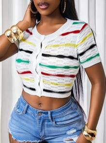 BamGleam Women's Short Sleeve Single-Breasted Striped Cropped Cardigan, Lightweight, Multi-Color - White - View 6