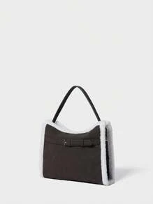 SHECARRY Tas Tote Wanita Kasual Motif Blok Warna dengan Kompartemen Resleting - Hitam - View 4