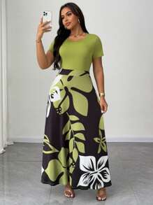 Celure Plus Size Women Botanical Print Round Neck Short Sleeve Dress, Holiday Style