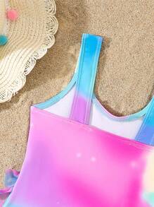 SHEIN Young Girl Gradient Unicorn Print Ruffled One-Piece Swimsuit, Summer