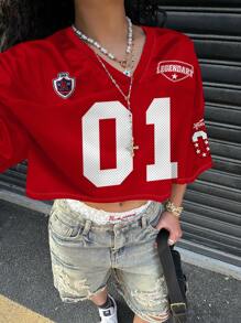 SHEIN EZwear 女士休闲 V 领宽松短款 5 袖网眼 T 恤，适合夏季和运动比赛，数字 01 印花