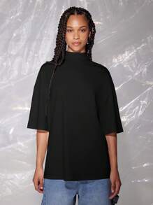 SUMWON WOMEN Oversized Mock Neck Tshirt Casual Relaxed Fit Layer Spring 3/4 Length Sleeve Modern Urban Streetwear High Neck Office Work Wear Minimalist Design - Black - View 1