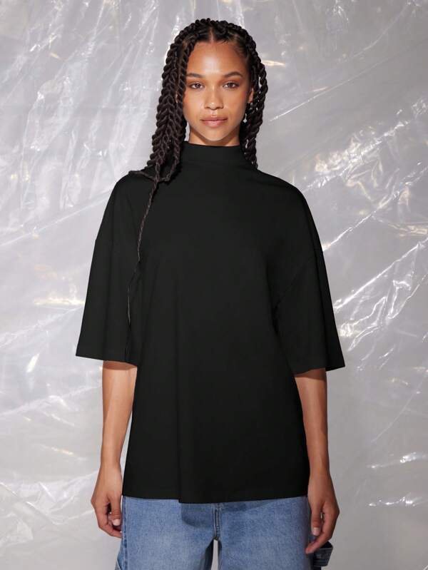 SUMWON WOMEN Camiseta de cuello alto amplia, de ajuste relajado, prenda básica esencial, de manga 3/4, para otoño, invierno y primavera, de diseño minimalista, para usar en la oficina y en la calle