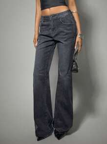 SHEIN Forever 21 Spring&Summer Women Valentine Day/Casual/Vintage/Festival/Country Concert/Brunch/Homecoming/Easter/Guest/Tea Party/Basic/Concert Women/Prom /Wedding/Rave Festival/Formal/Cowgirl/Western/Cocktail Jeans/Club/Spring/Birthday/Cute/Classy/Going Out/Straight Leg Jeans/Vacation/Blue Washed/Low Rise/Bell Bottom Jeans/Y2k/Flared Jeans - Black - View 5