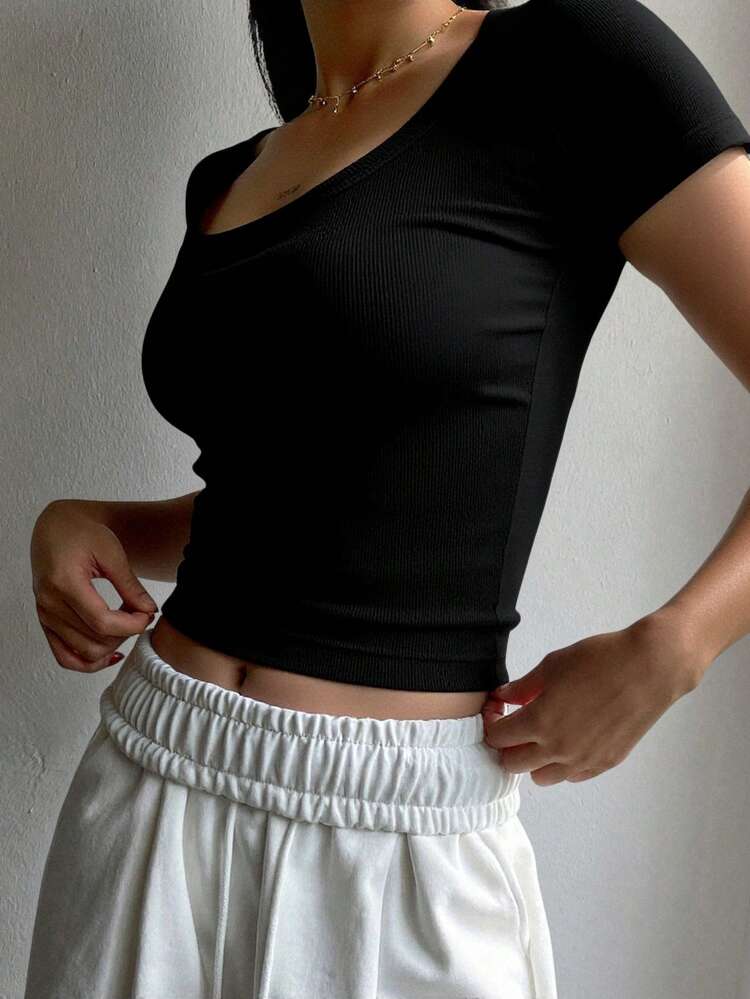 Solid Color Round Neck Short Sleeve T-Shirt Summer,Crop Tops Women