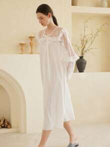 Moireta Ladies Elegant V-Neck Lace Splice Romantic Nightgown Babydoll Luxeloungewear - White - View 6