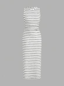 Easowa 女式休闲杏色纹理针织紧身连衣裙 - 黑與白 - 查看 2