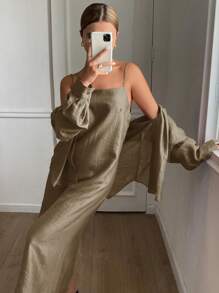 Livesso Bộ trang phục hai mảnh dành cho phụ nữ mặc hàng ngày bằng vải lanh - màu nâu - Xem 4