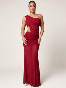 Silquee Robe d'été élégante et sexy, débardeur asymétrique rouge + jupe plissée forme A pour l'été. Ensemble deux pièces transparent pour les vacances au bord de