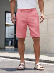 HIMLAND 男士纯色梭织短款直筒中腰百慕大短裤，适合春夏季日常穿着 - 粉色 - 查看 3