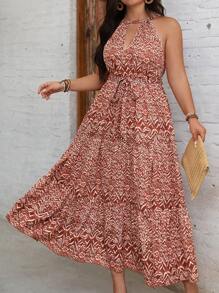 SHEIN Clasi Vestido casual de vacaciones con estampado floral, cuello anudado, sin mangas, con abertura en el bajo, para tallas grandes - Multicolor - Ver 5